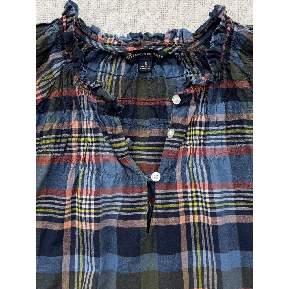 Brooks Brothers Plaid 100% Cotton Smocked Ruffle Blouse Lightweight Womens Small - Picture 3 of 7